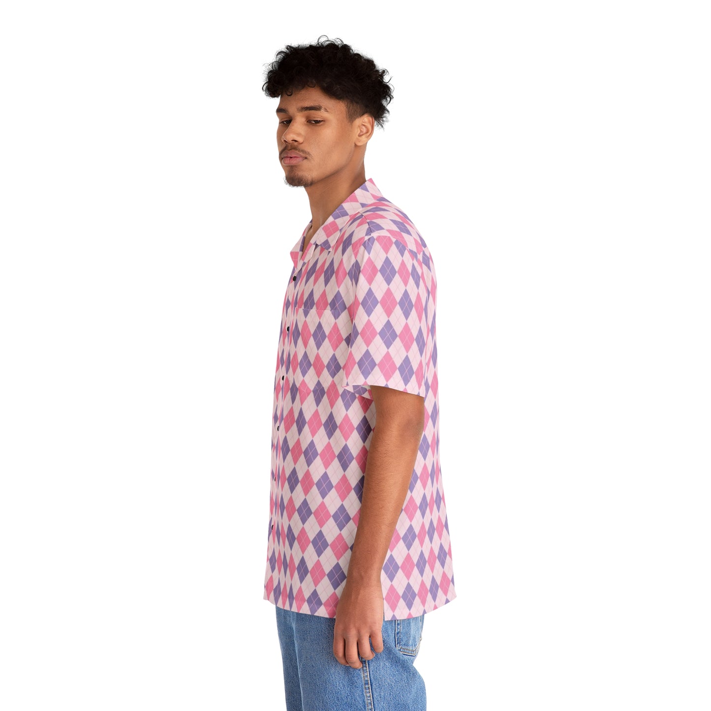 Unisex Hawaiian Shirt — Classic Timeless Argyle (pyramid diamond) - pink & purple