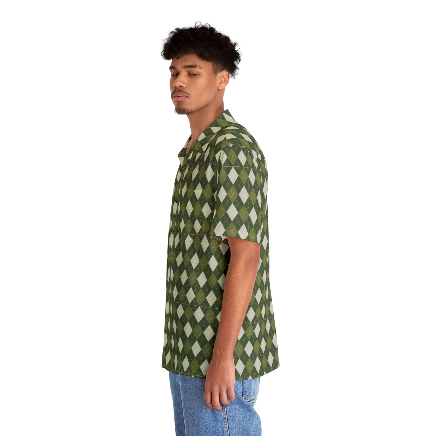 Unisex Hawaiian Shirt — Classic Timeless Argyle (pyramid diamond) - green and cream