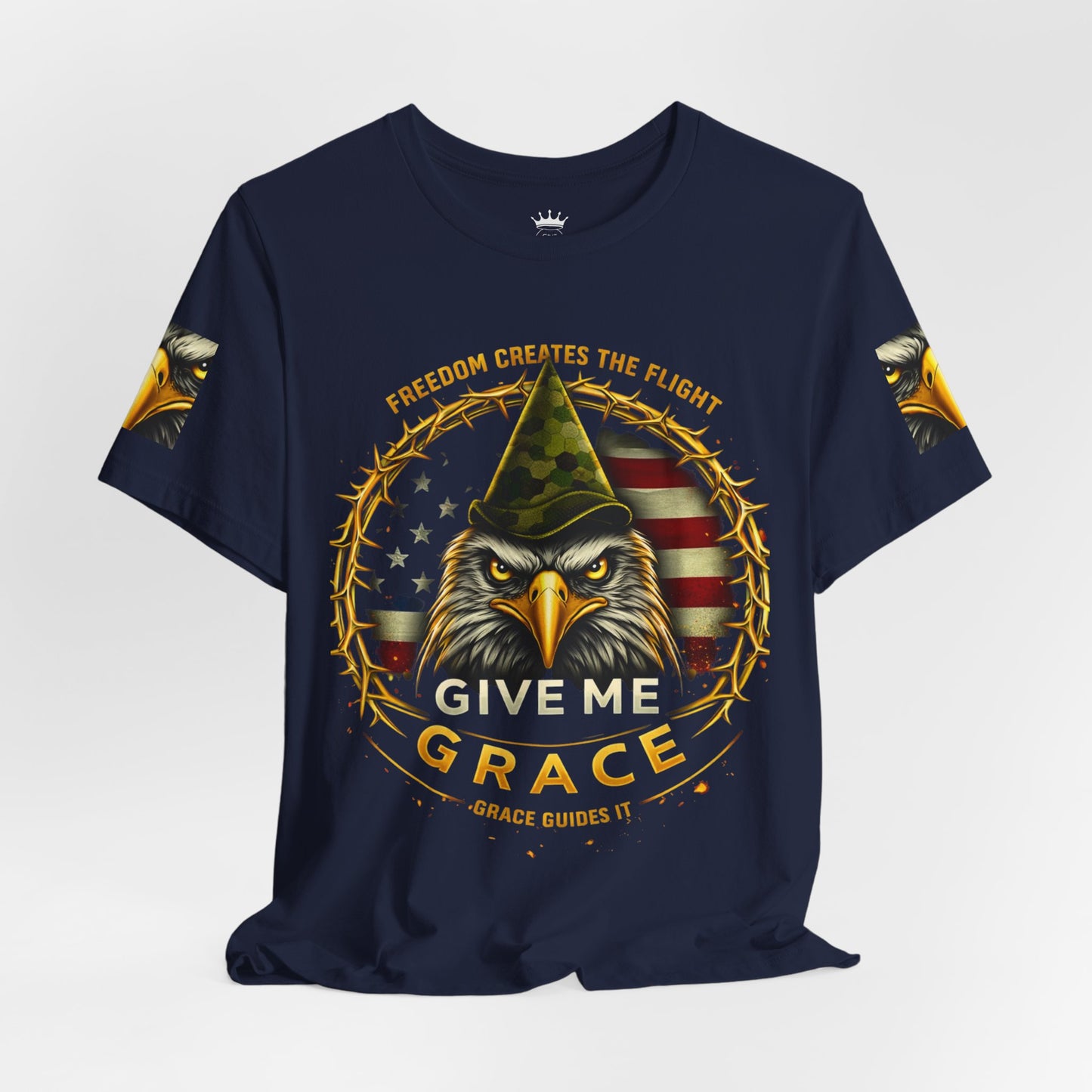 Give Me Grace Eagle design Tee | Patriotic American Flag, Military Helmet, Barbed Wire