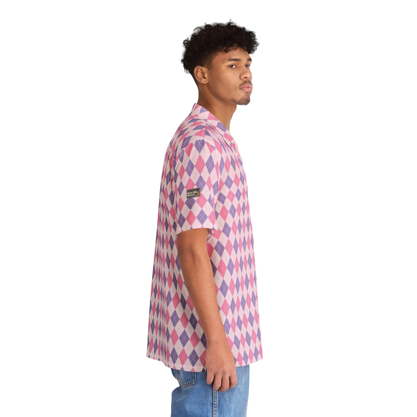 Unisex Hawaiian Shirt — Classic Timeless Argyle (pyramid diamond) - pink & purple