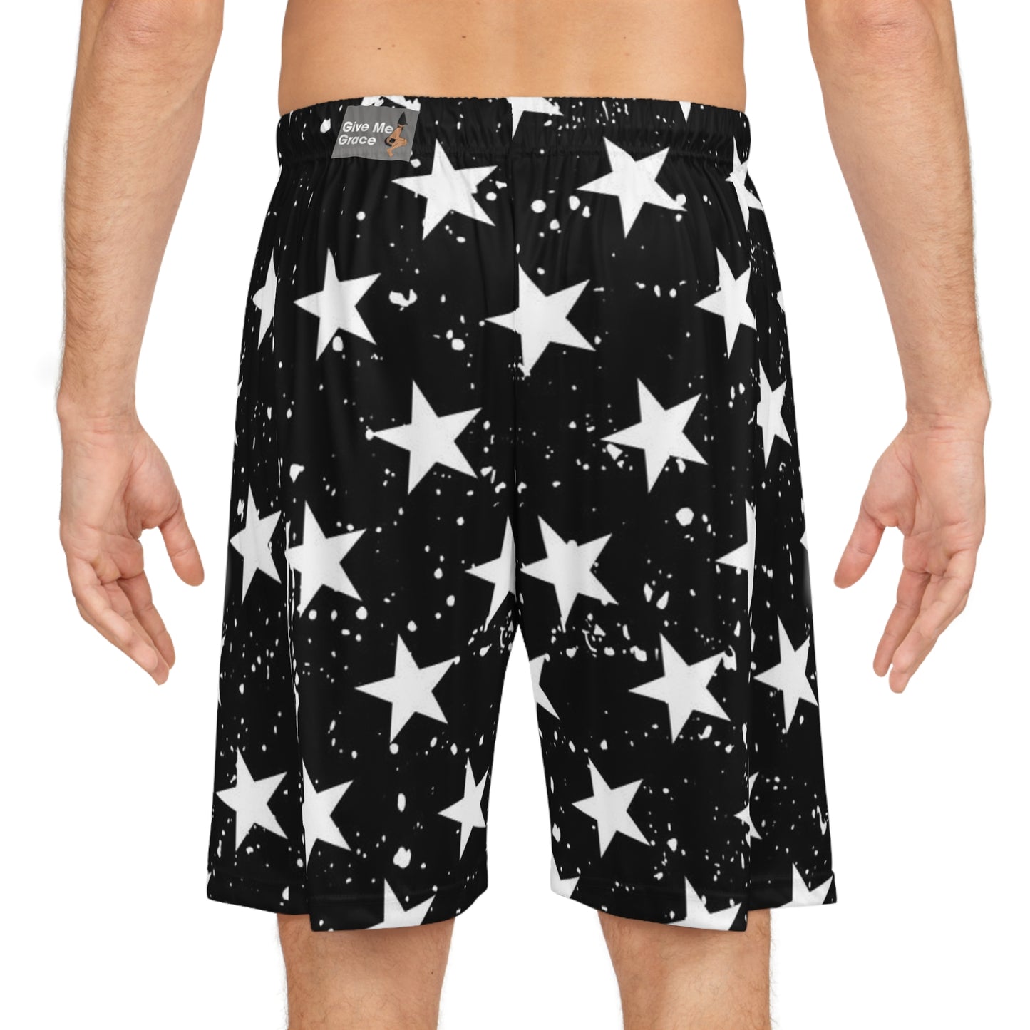 Star-Studded Black & White Basketball Shorts — All-Over Print