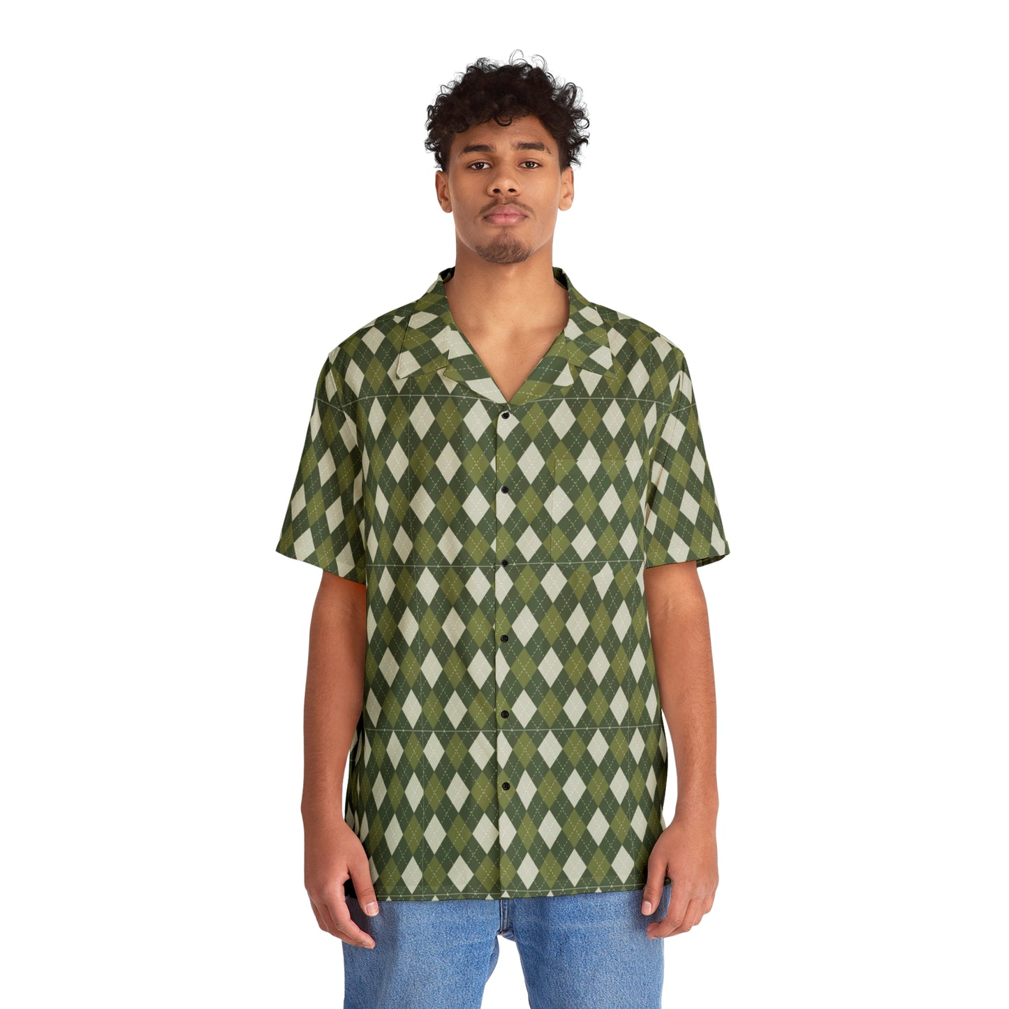 Unisex Hawaiian Shirt — Classic Timeless Argyle (pyramid diamond) - green and cream