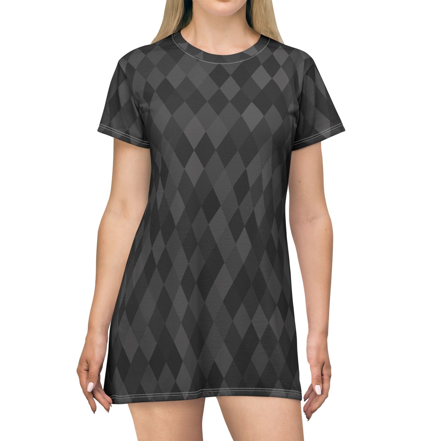 Argyle (diamonds, pyramids) Black & Gray T-Shirt Dress — Classic Sexy Work-to-Play Knit