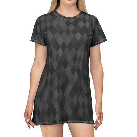 Argyle (diamonds, pyramids) Black & Gray T-Shirt Dress — Classic Sexy Work-to-Play Knit