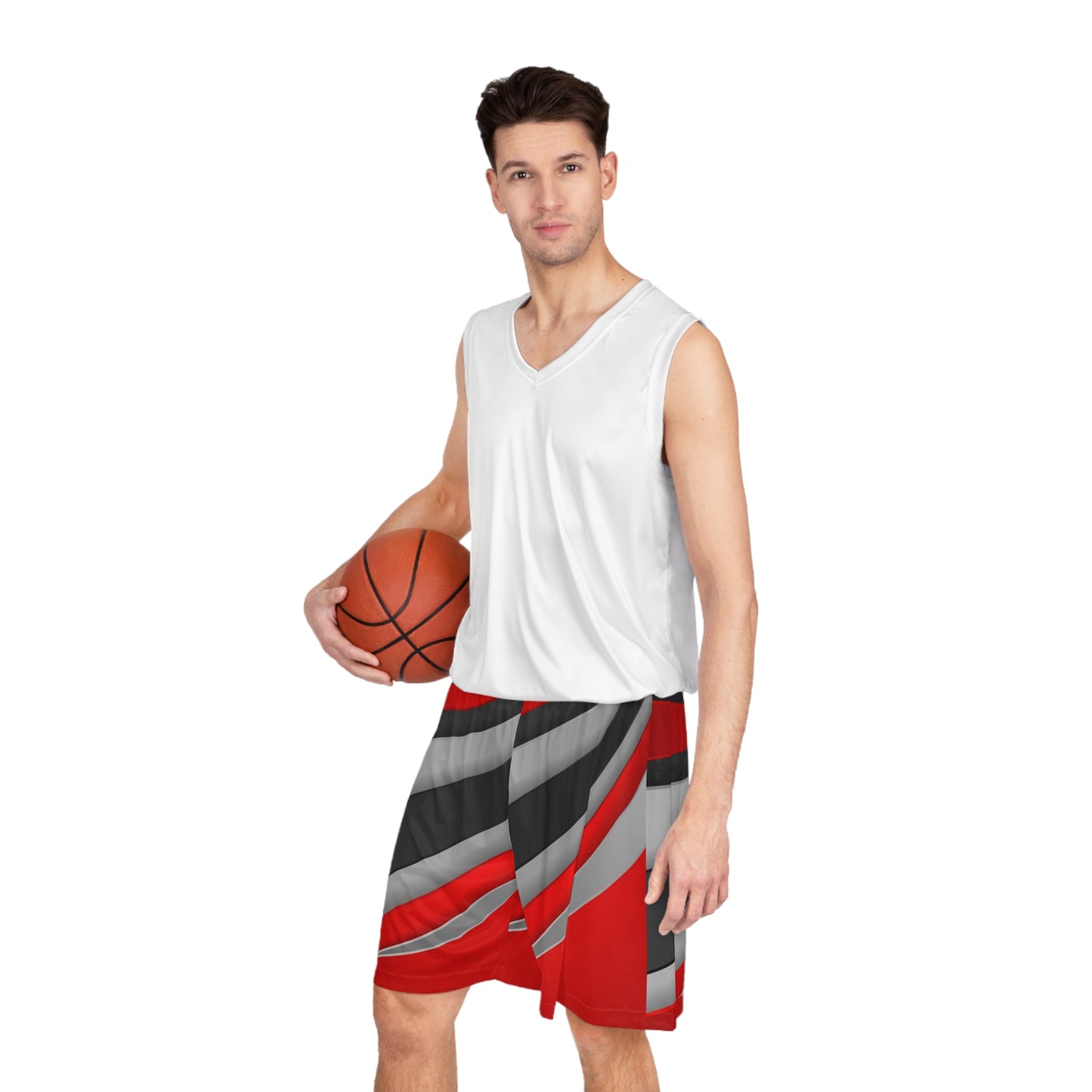 Racer Stripe Basketball Shorts — Red Black Gray All-Over Print