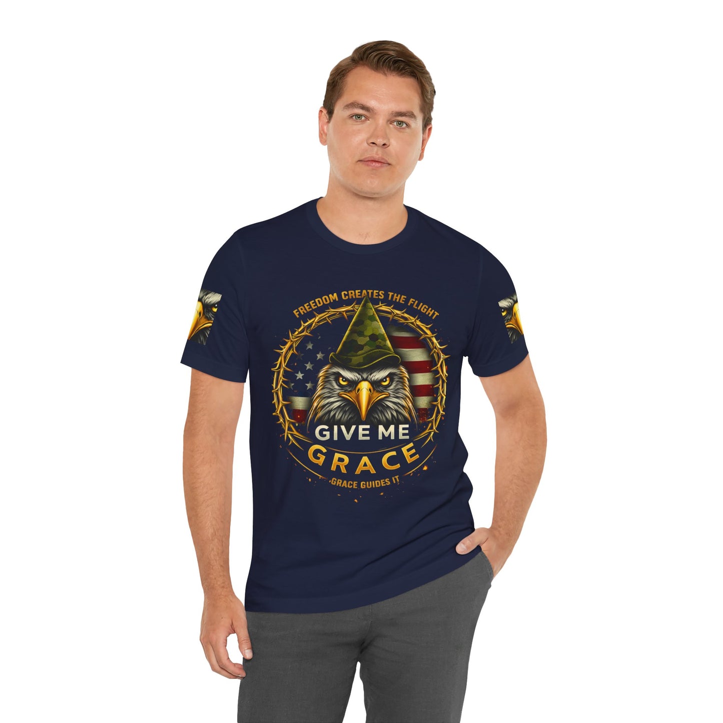 Give Me Grace Eagle design Tee | Patriotic American Flag, Military Helmet, Barbed Wire
