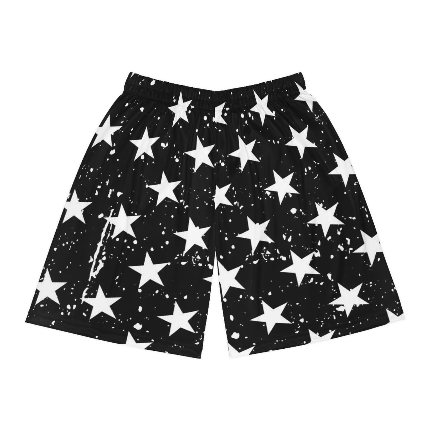 Star-Studded Black & White Basketball Shorts — All-Over Print