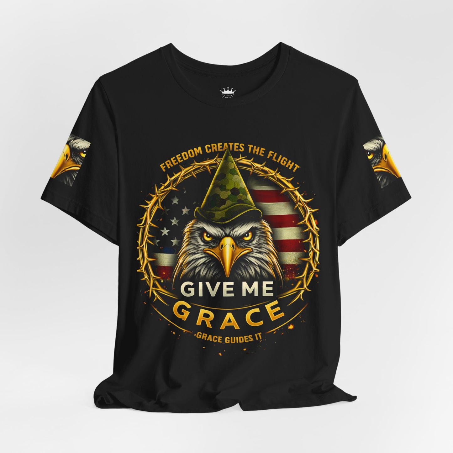 Give Me Grace Eagle design Tee | Patriotic American Flag, Military Helmet, Barbed Wire