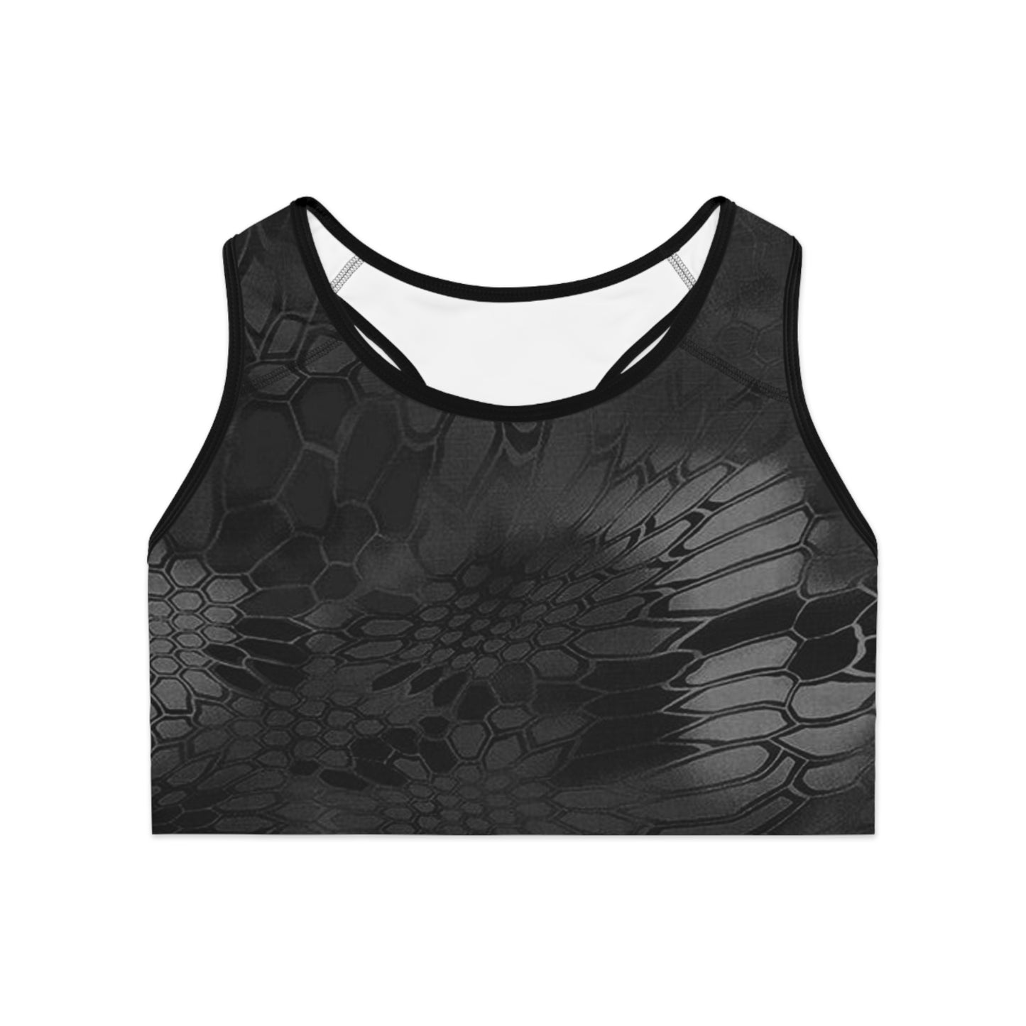 Sleek Black Flower Print Sports Bra, Camo Activewear for Fitness, Gym, Yoga, Workout Gear, Unique Athletic Wear, Fashionable Sports Top