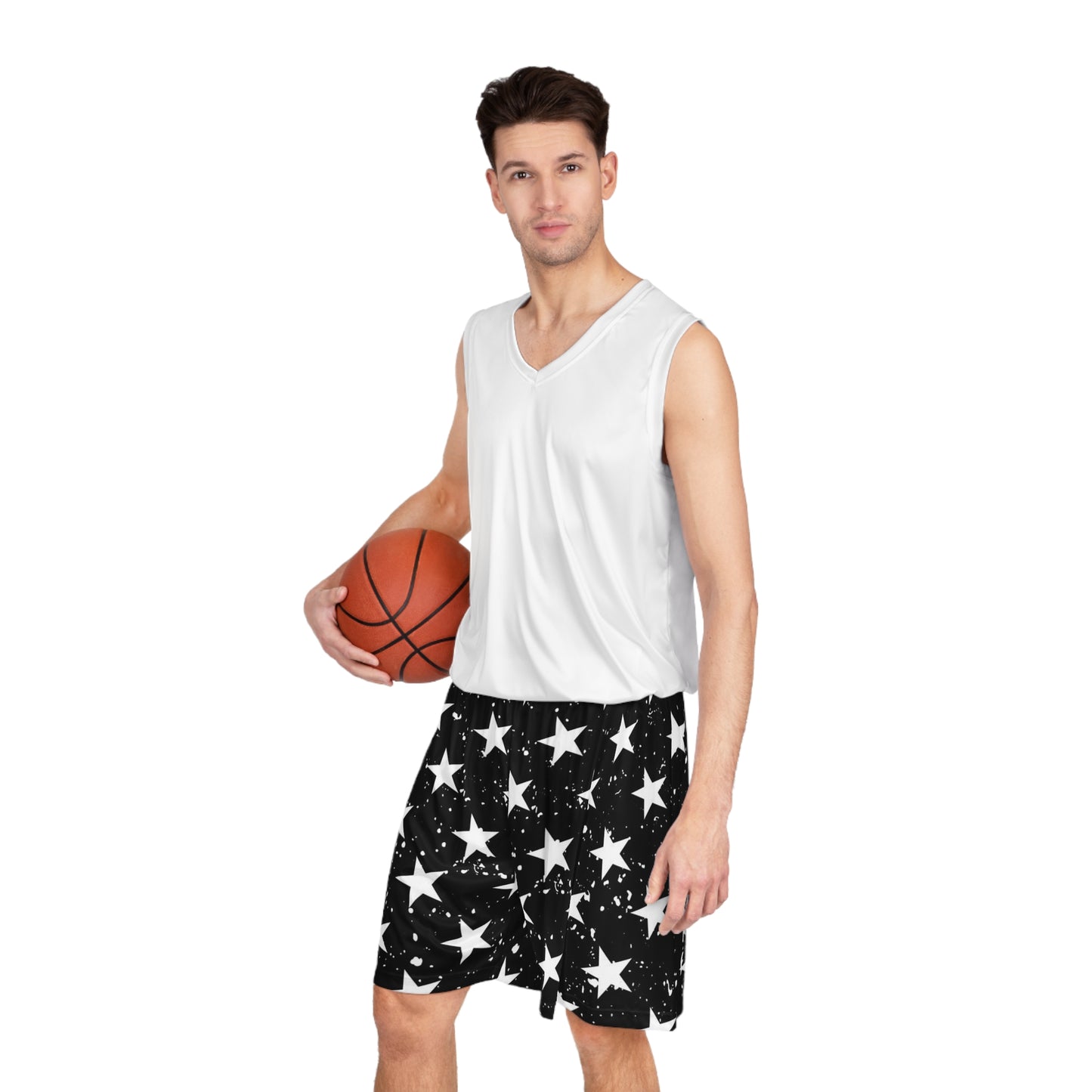 Star-Studded Black & White Basketball Shorts — All-Over Print