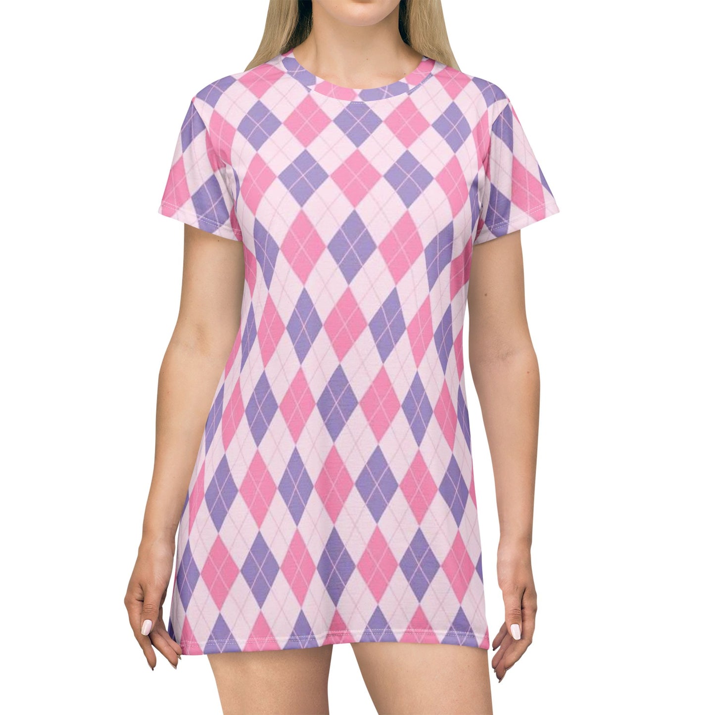 Argyle (diamonds, pyramids) Pink & Purple Babydoll Dress — Classic Sexy Work-to-Play Knit