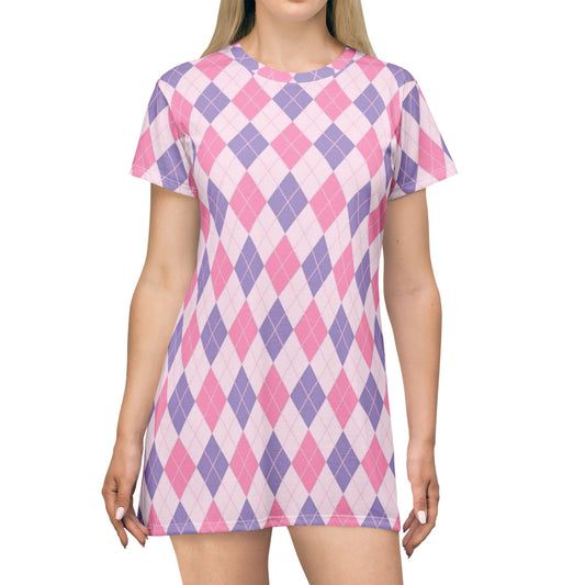 Argyle (diamonds, pyramids) Pink & Purple Babydoll Dress — Classic Sexy Work-to-Play Knit