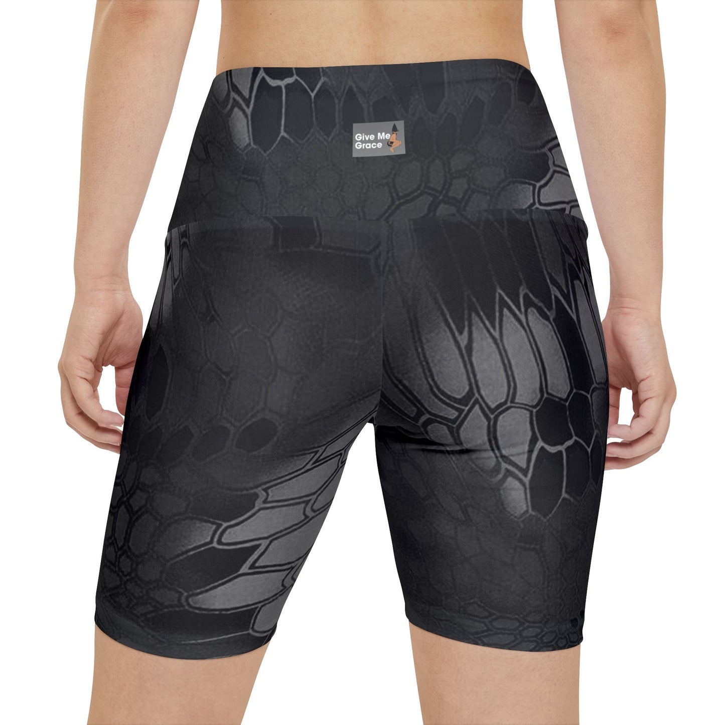 Black Gray Workout Shorts, Give Me Grace Print, Women's Athletic Wear, High Waistband, Crop Top Matching, Comfortable Fitness Shorts