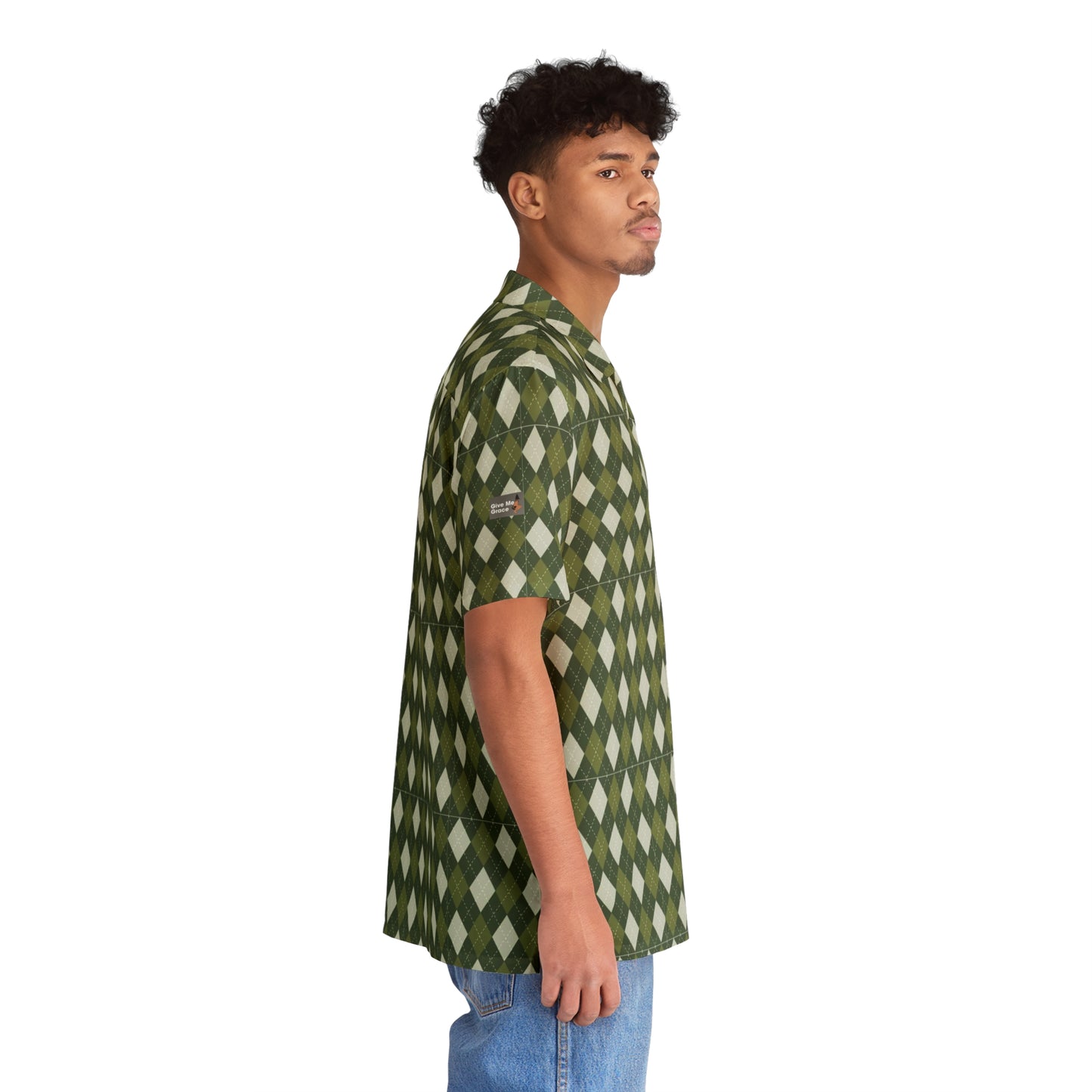 Unisex Hawaiian Shirt — Classic Timeless Argyle (pyramid diamond) - green and cream
