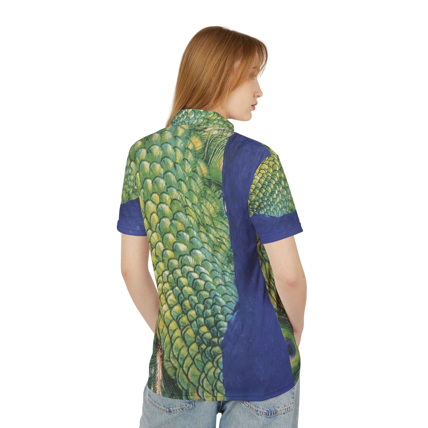 Green and Blue Feathers Graphic Hawaiian Polo Shirt — Island Yachting & Date Night Print