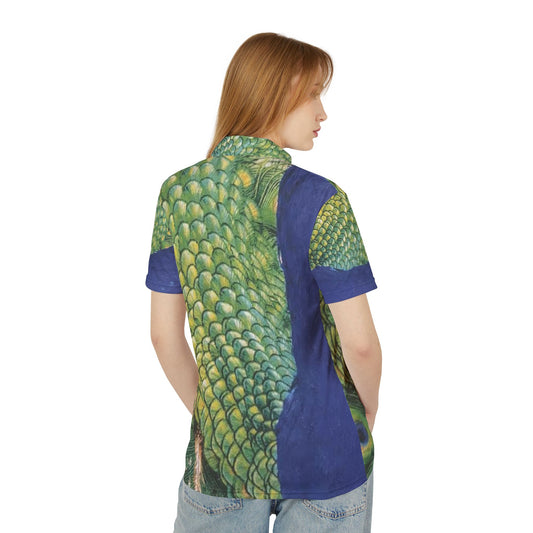 Green and Blue Feathers Graphic Hawaiian Polo Shirt — Island Yachting & Date Night Print