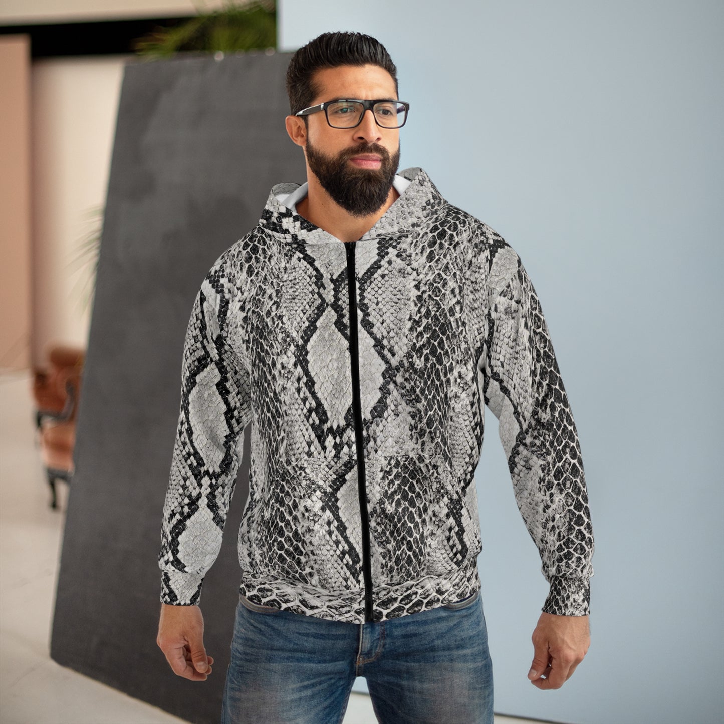 Snakeskin Zip Hoodie — Stylish One-of-a-Kind Zip-Up for Work, Dates & Street Style