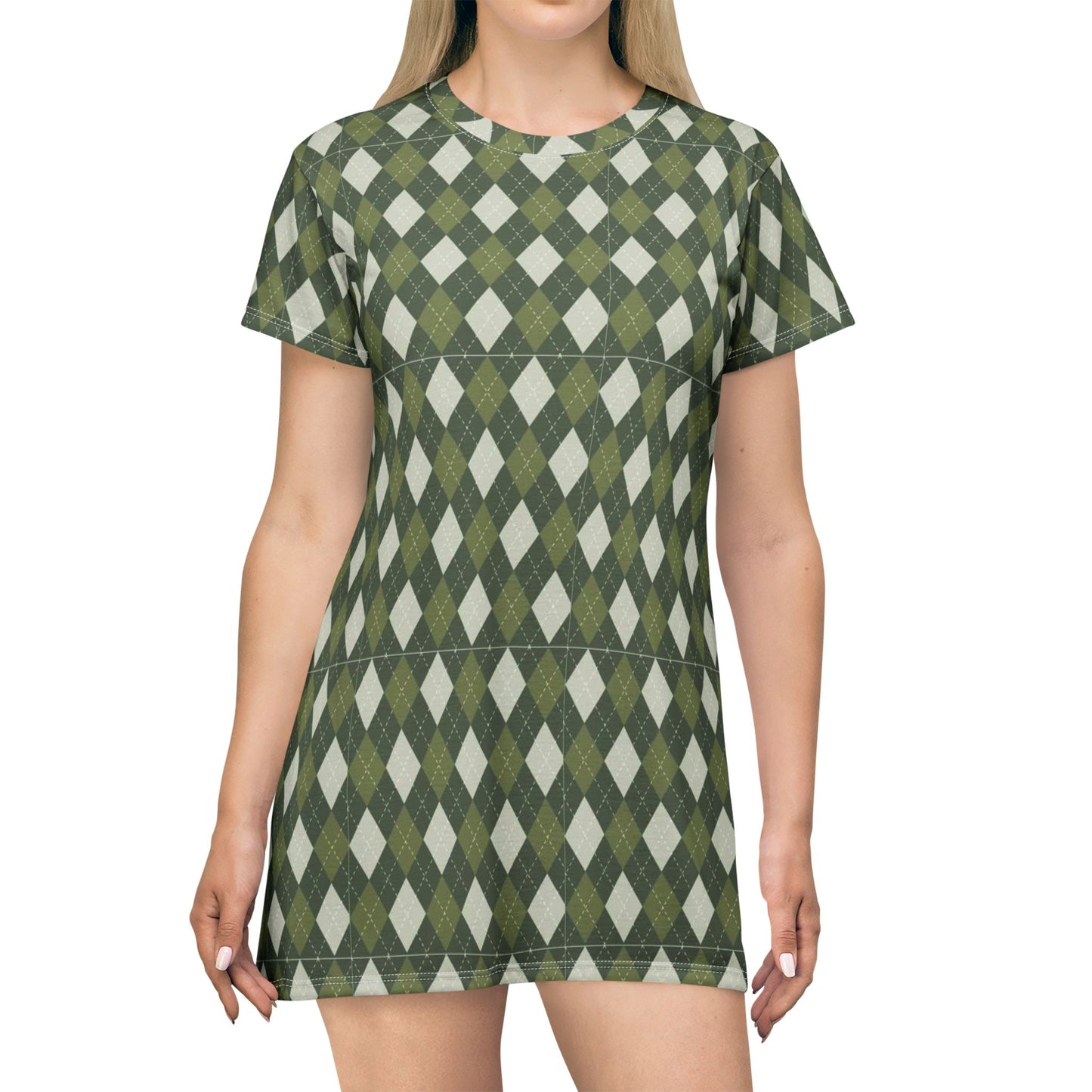 Argyle (diamonds, pyramids) Green & Cream Babydoll Dress — Classic Sexy Work-to-Play Knit