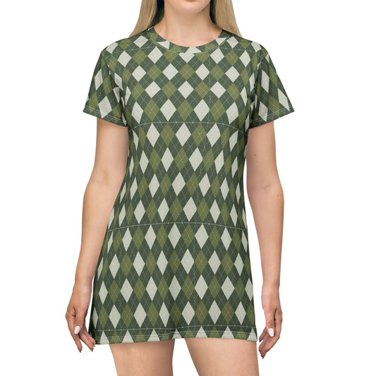 Argyle (diamonds, pyramids) Green & Cream Babydoll Dress — Classic Sexy Work-to-Play Knit