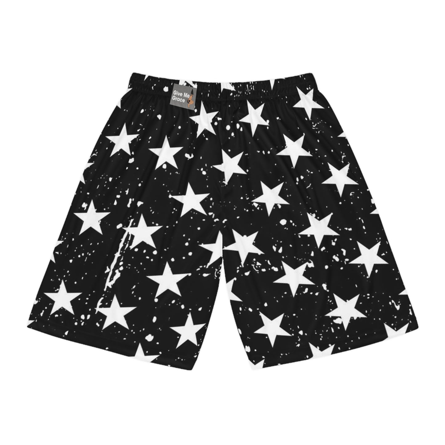 Star-Studded Black & White Basketball Shorts — All-Over Print