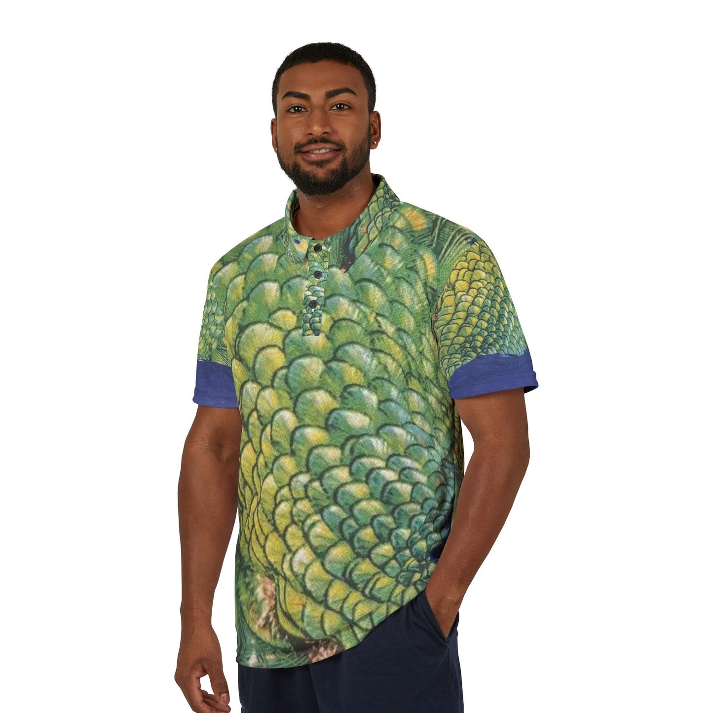 Green and Blue Feathers Graphic Hawaiian Polo Shirt — Island Yachting & Date Night Print