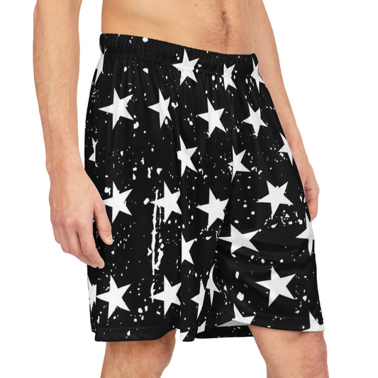 Star-Studded Black & White Basketball Shorts — All-Over Print