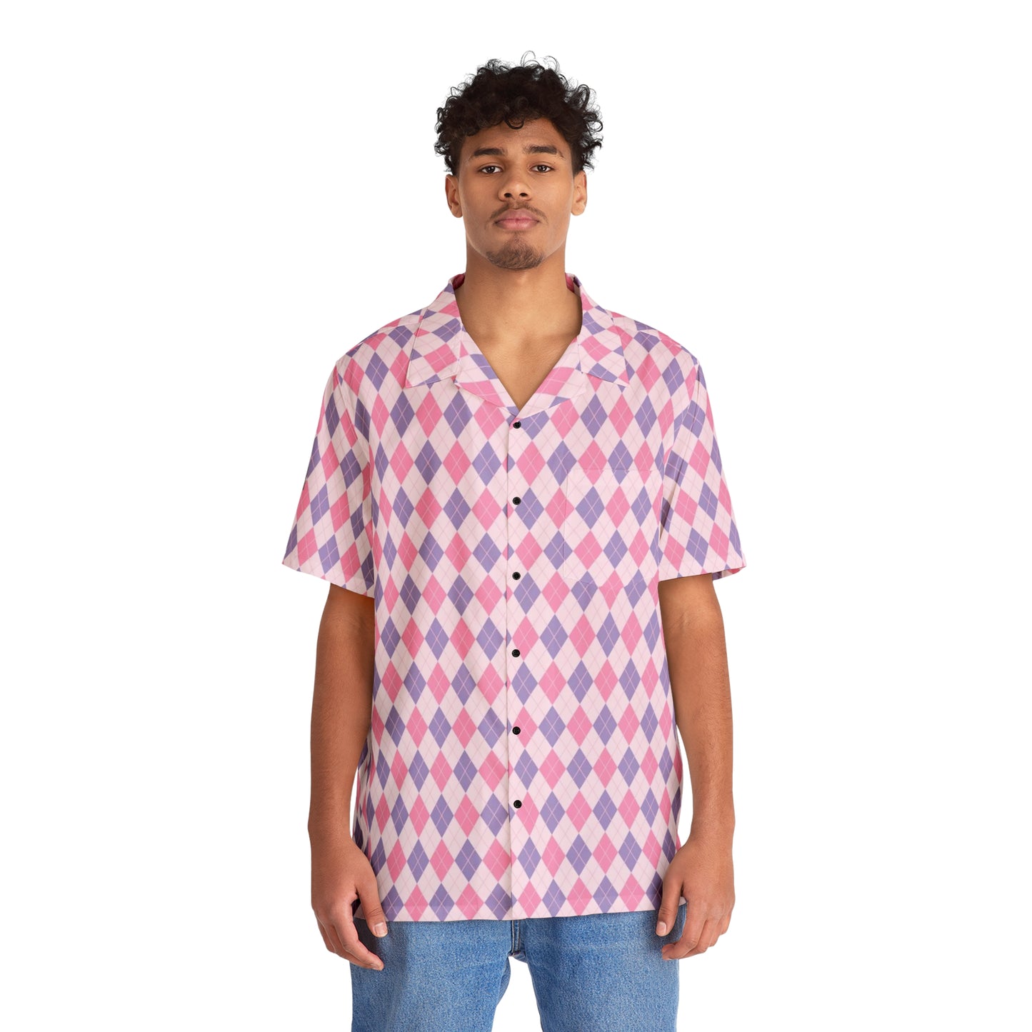 Unisex Hawaiian Shirt — Classic Timeless Argyle (pyramid diamond) - pink & purple