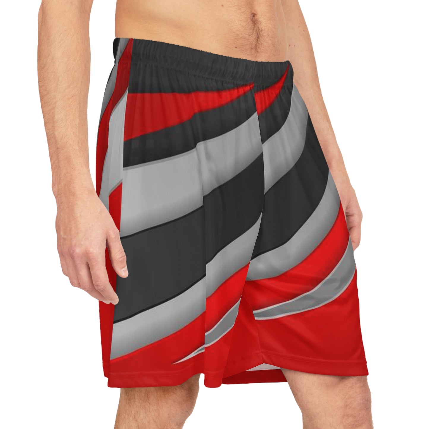 Racer Stripe Basketball Shorts — Red Black Gray All-Over Print