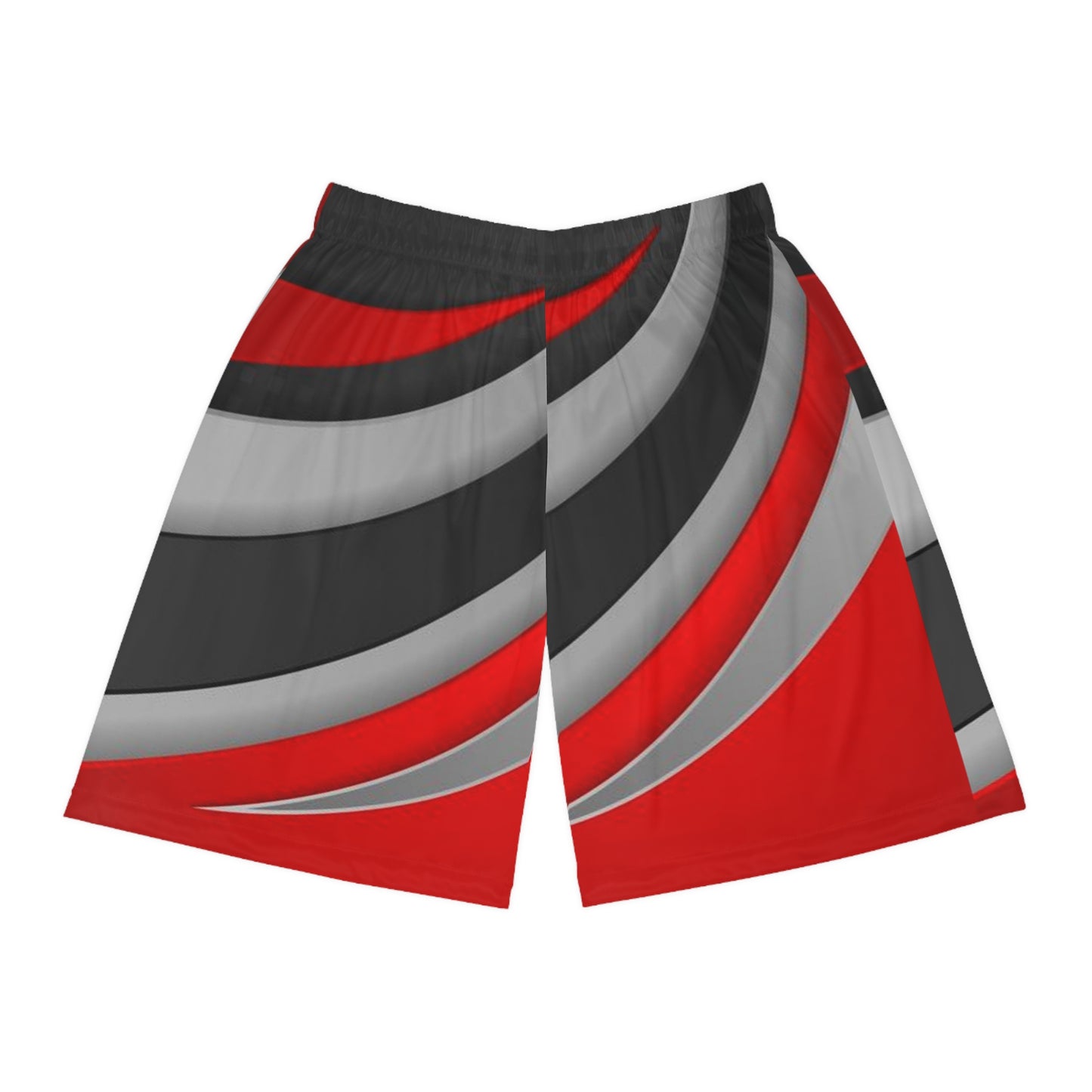 Racer Stripe Basketball Shorts — Red Black Gray All-Over Print