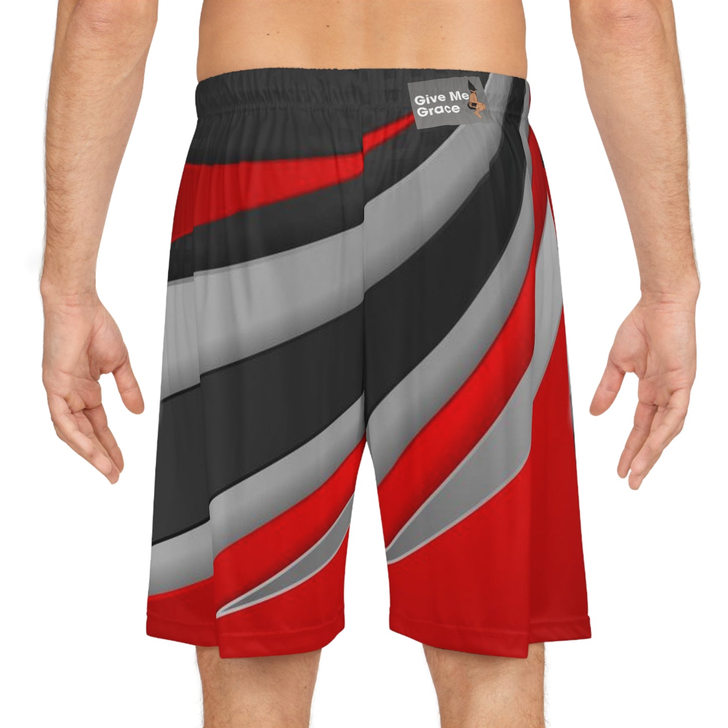 Racer Stripe Basketball Shorts — Red Black Gray All-Over Print