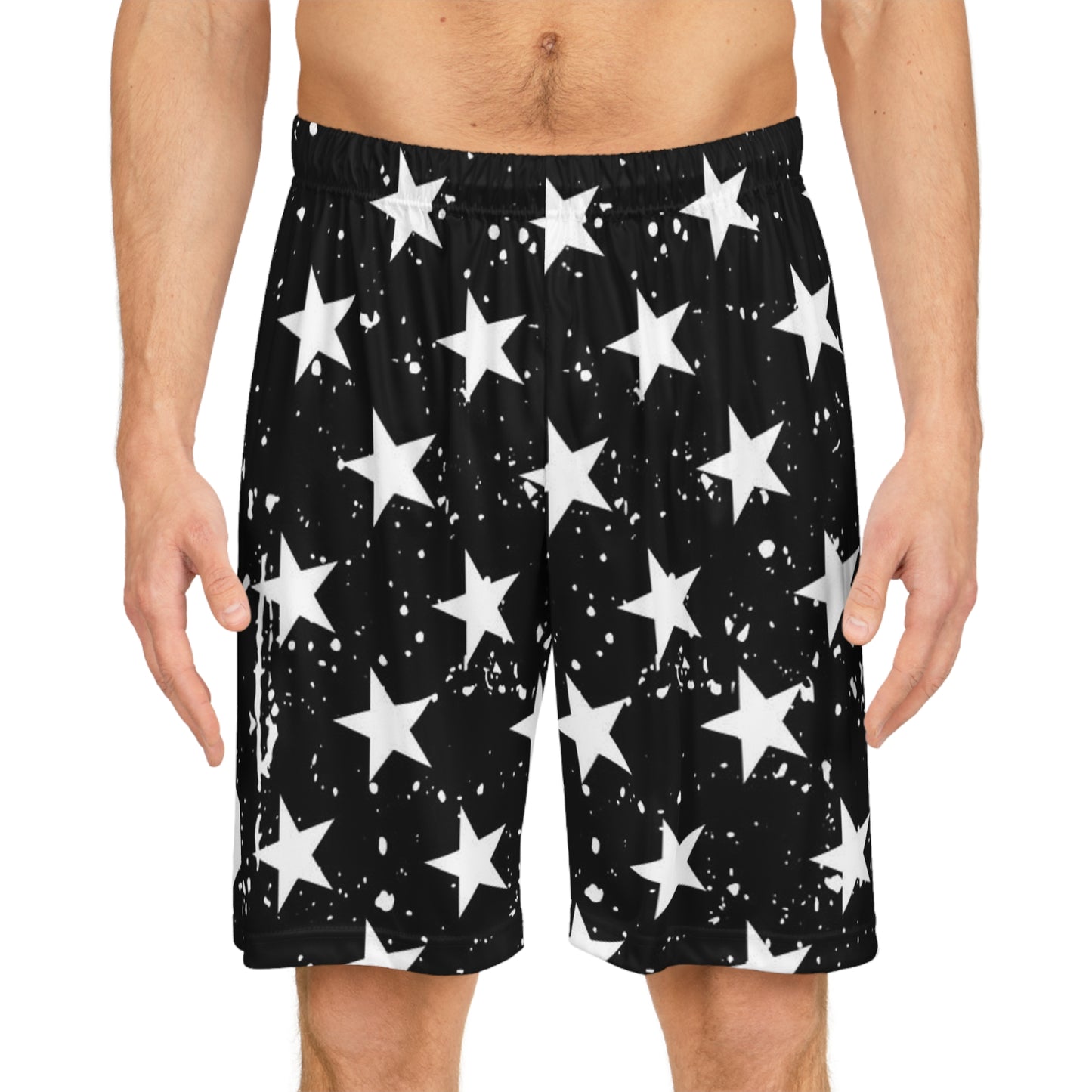 Star-Studded Black & White Basketball Shorts — All-Over Print