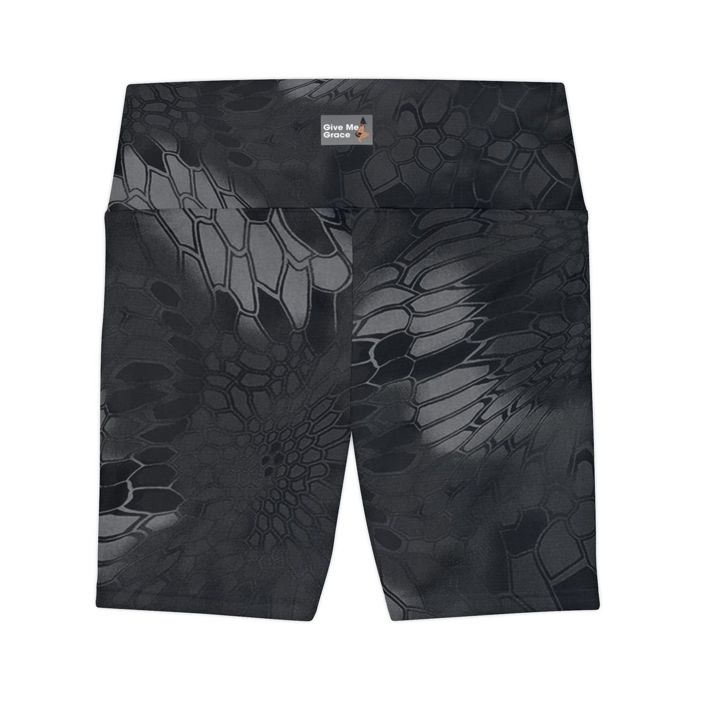 Give Me Grace Women's Workout Shorts — Black Camo Floral Lace Snakeskin AOP