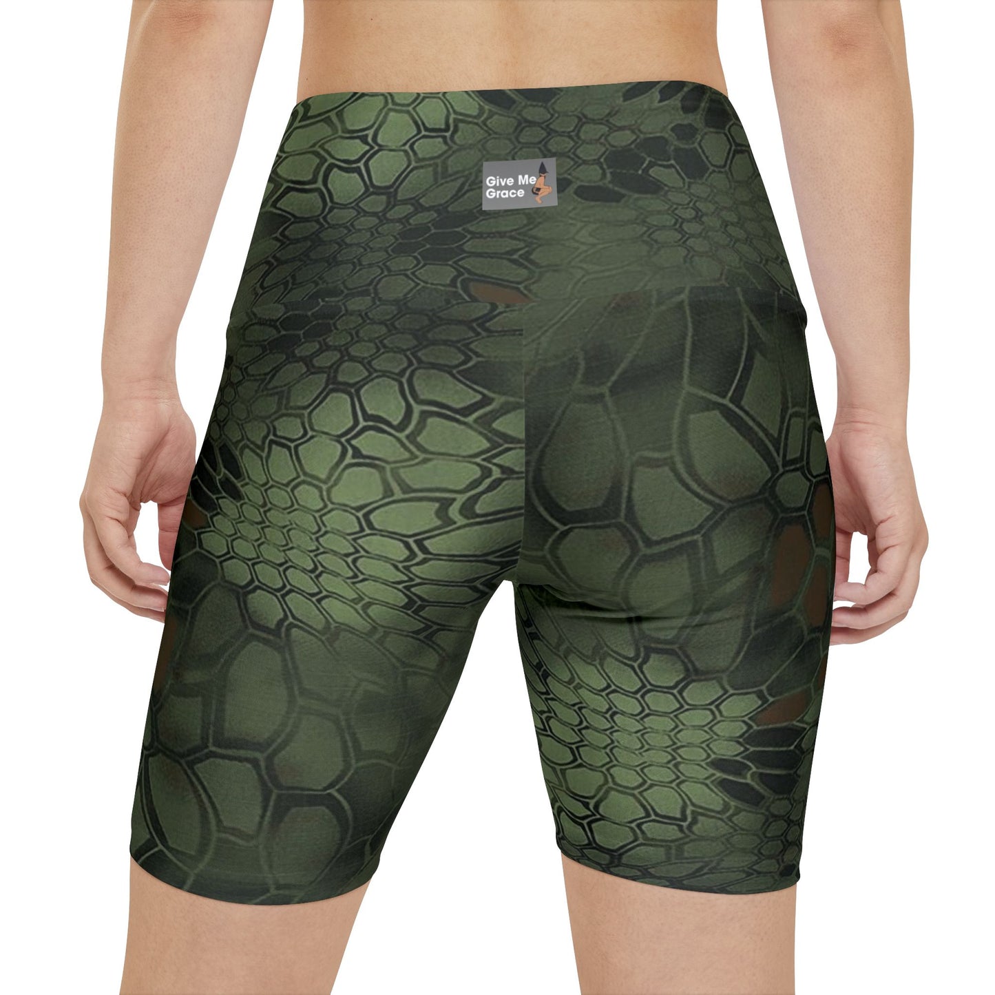 Give Me Grace Green Camo Floral Snakeskin Women's Workout Shorts