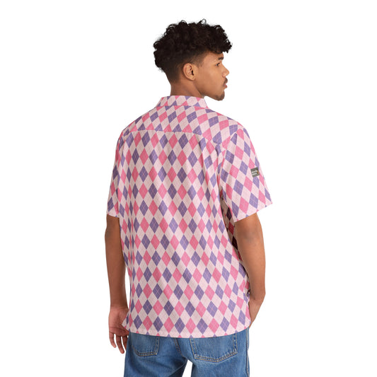 Unisex Hawaiian Shirt — Classic Timeless Argyle (pyramid diamond) - pink & purple