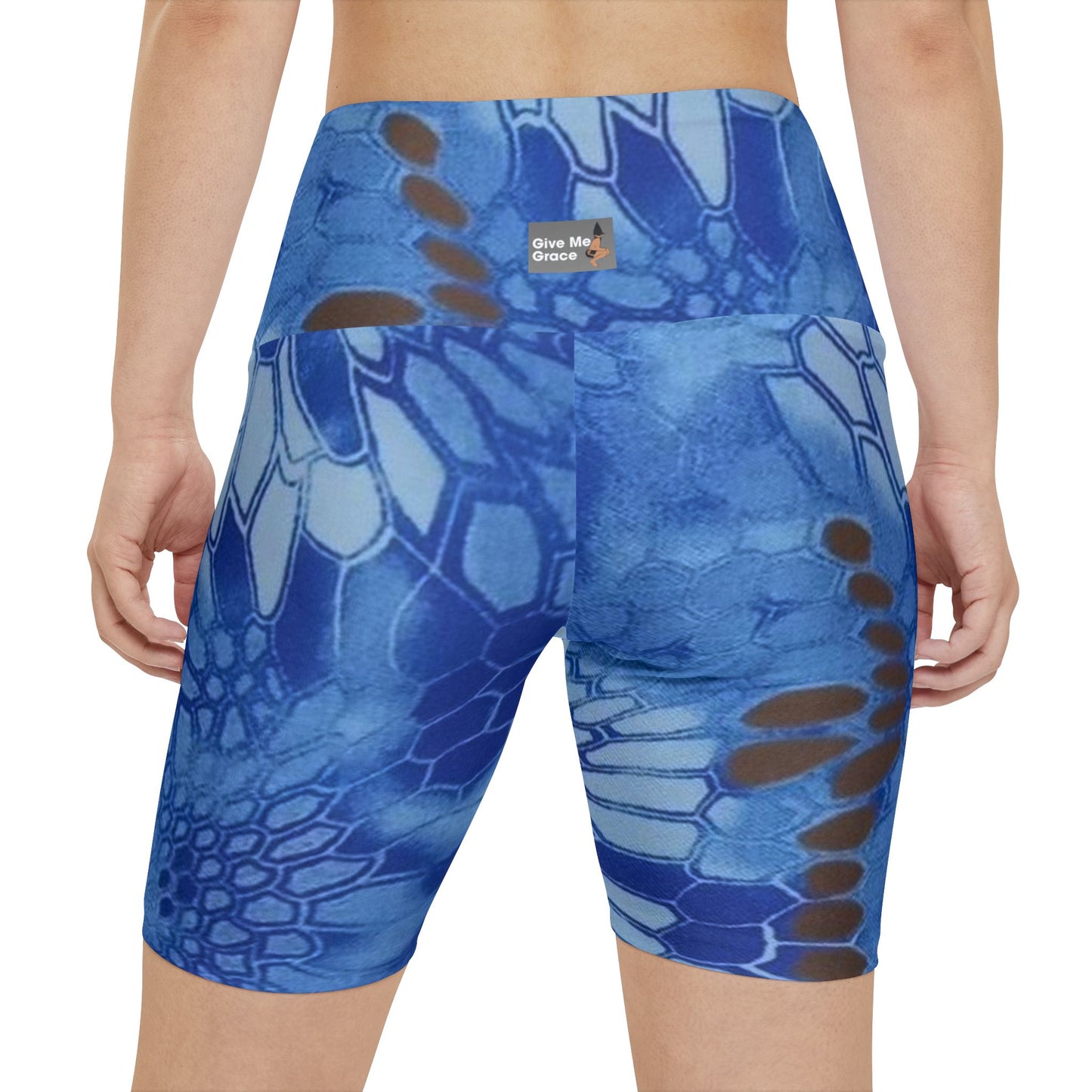 Blue Workout Shorts, Give Me Grace Print, Women's Athletic Wear, High Waistband, Crop Top Matching, Comfortable Fitness Shorts