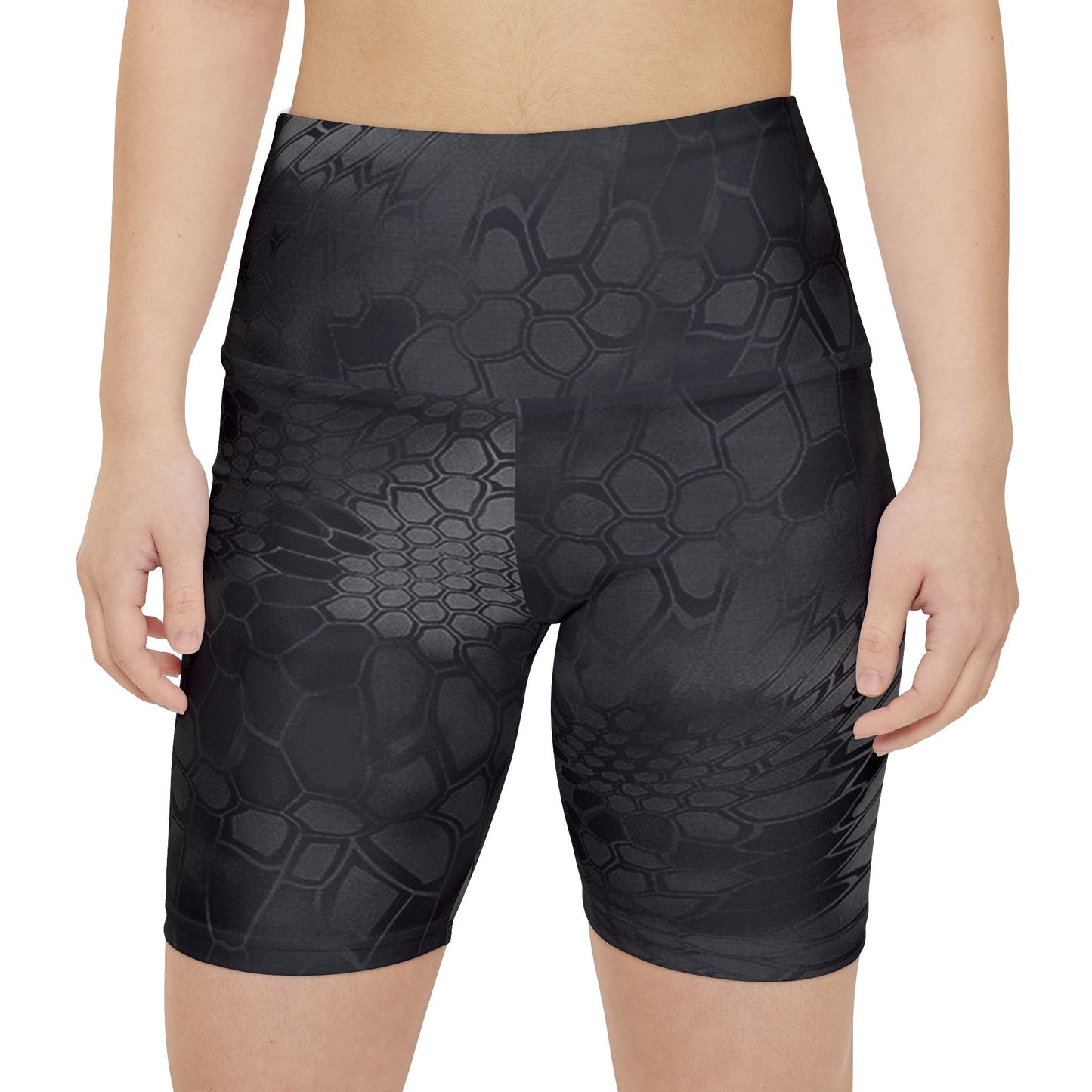 Give Me Grace Women's Workout Shorts — Black Camo Floral Lace Snakeskin AOP