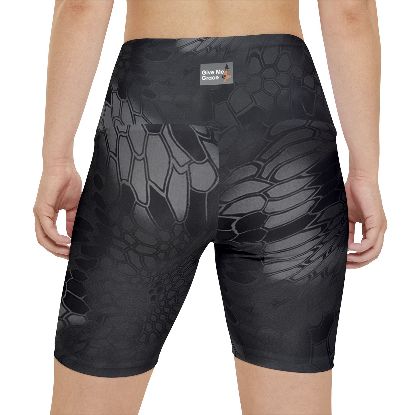 Give Me Grace Women's Workout Shorts — Black Camo Floral Lace Snakeskin AOP