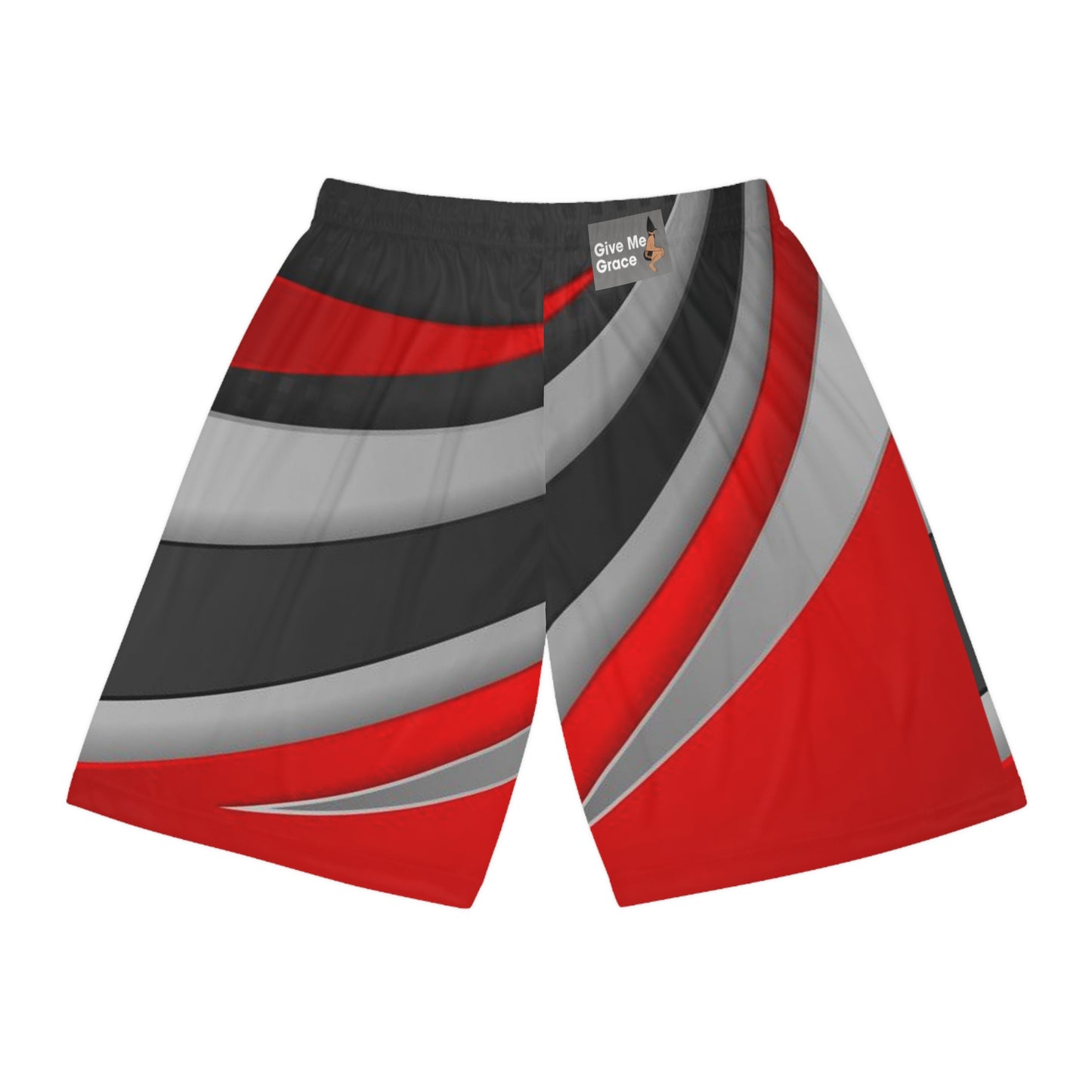 Racer Stripe Basketball Shorts — Red Black Gray All-Over Print