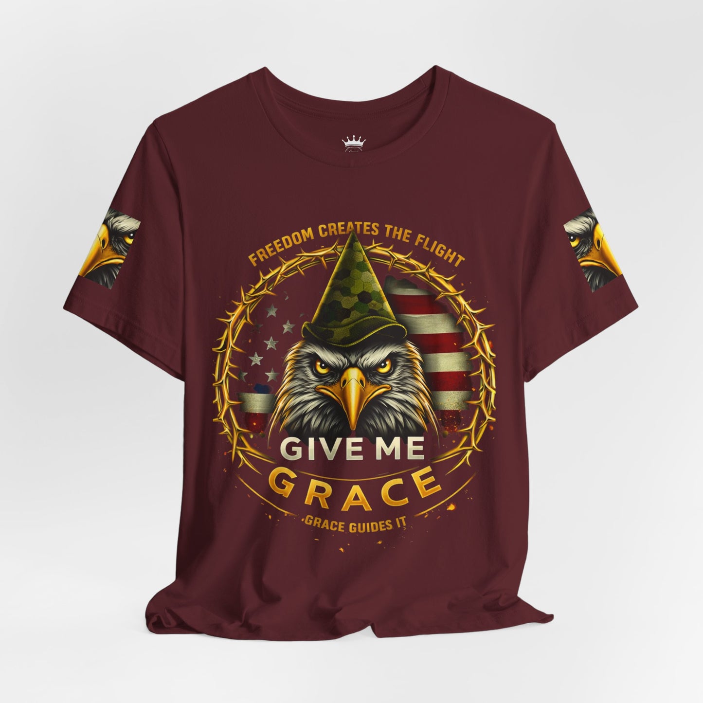 Give Me Grace Eagle design Tee | Patriotic American Flag, Military Helmet, Barbed Wire