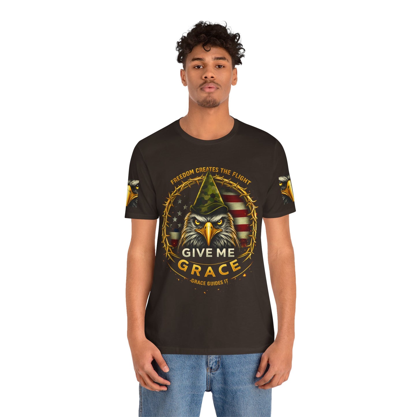 Give Me Grace Eagle design Tee | Patriotic American Flag, Military Helmet, Barbed Wire