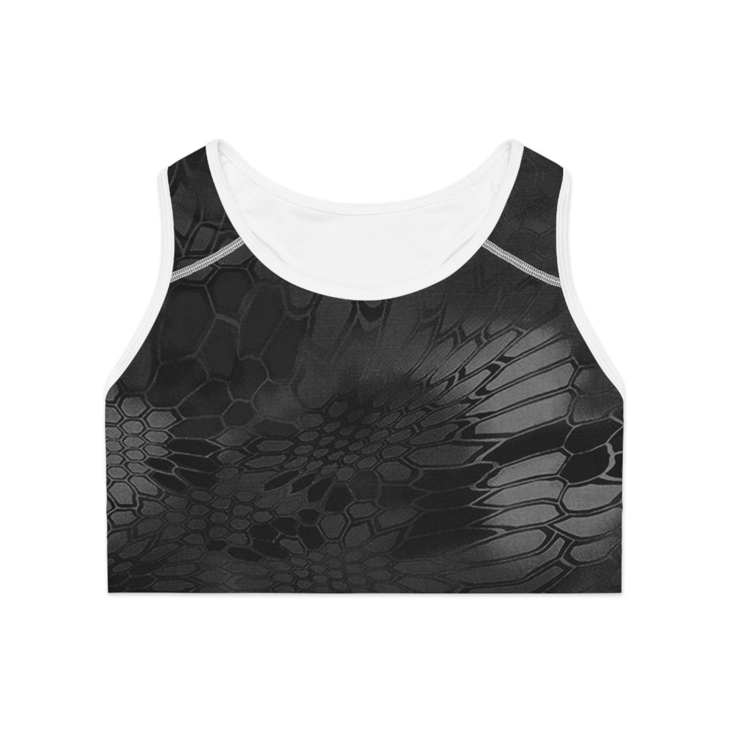 Sleek Black Flower Print Sports Bra, Camo Activewear for Fitness, Gym, Yoga, Workout Gear, Unique Athletic Wear, Fashionable Sports Top
