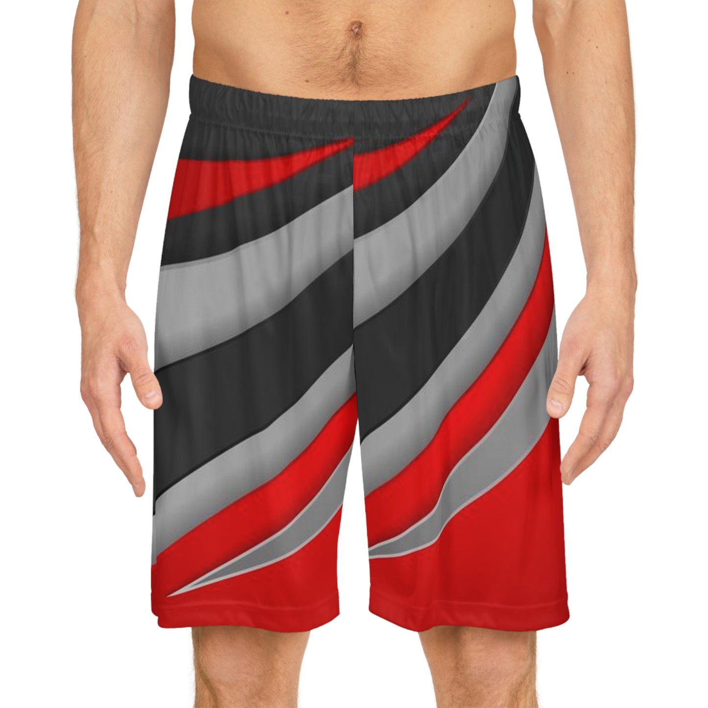 Racer Stripe Basketball Shorts — Red Black Gray All-Over Print